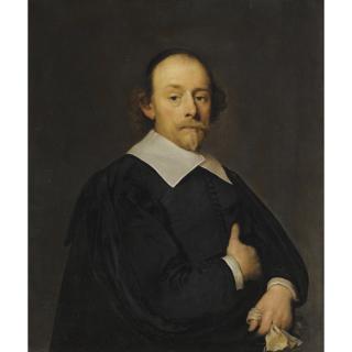 Cornelis Jonson Van Ceulen - A Portrait Of A Man In Black, Half Length, Holding A Pair Of Gloves; A Portrait Of A Woman, Half Length, Wearing A Black Dress, An Ornate Lace Collar And Holding A Fan