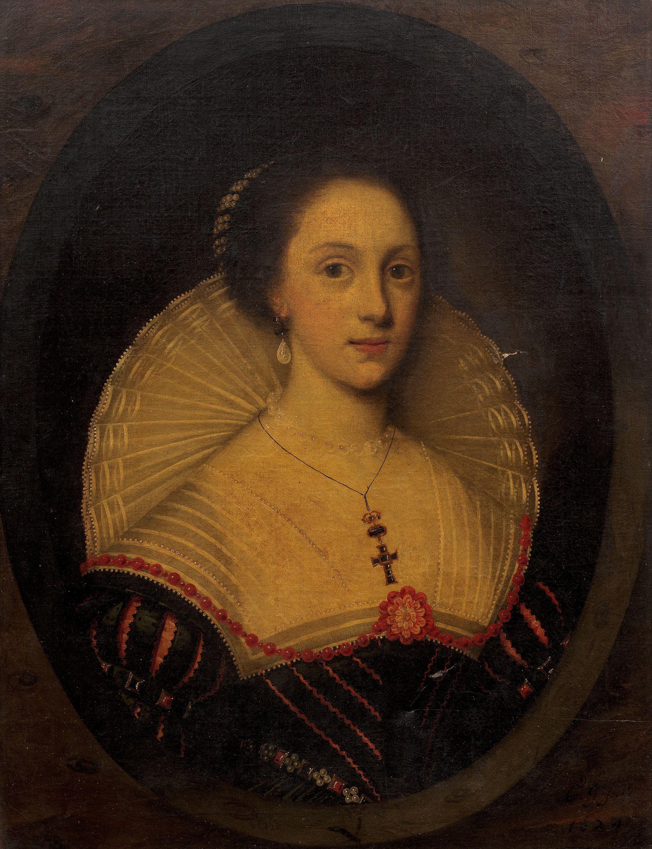 Cornelis Jonson van Ceulen - Portrait of a lady, bust-length, in black costume with a white collar, within a painted stone oval