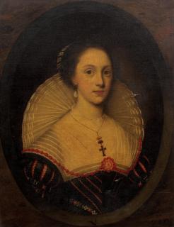 Cornelis Jonson van Ceulen - Portrait of a lady, bust-length, in black costume with a white collar, within a painted stone oval