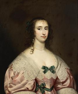 Cornelis Jonson Van Ceulen - Portrait of a lady, half-length, in a pink dress with blue ribbons