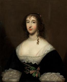 Cornelis Jonson Van Ceulen - Portrait of a lady, said to be Lettice, Lady Falkland (circa 1612-1647), half-length, in a black dress with white lace collar and cuffs and a green and pink bow