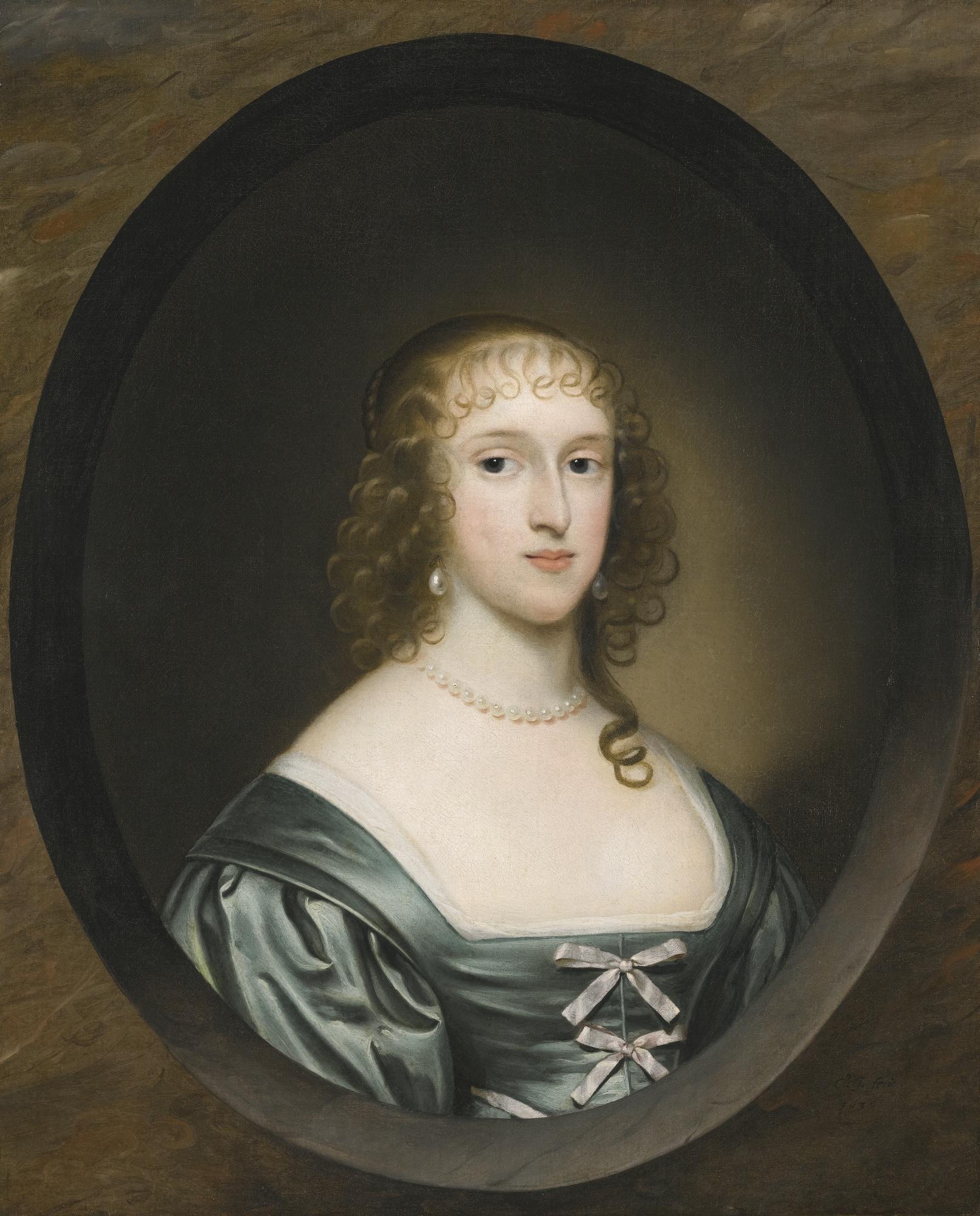 Cornelis Jonson Van Ceulen - Portrait Of Lady Bowyer, Half Length, Wearing A Green Dress With Ribbons And A Pearl Necklace, In A Sculpted Cartouche