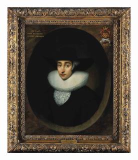 Cornelis Jonson van Ceulen - Portrait of Maria Thielen (1605-1682), half-length, in a black dress and beaver hat, a ruff, lace cap and an embroidered partlet, in a feigned marbled oval