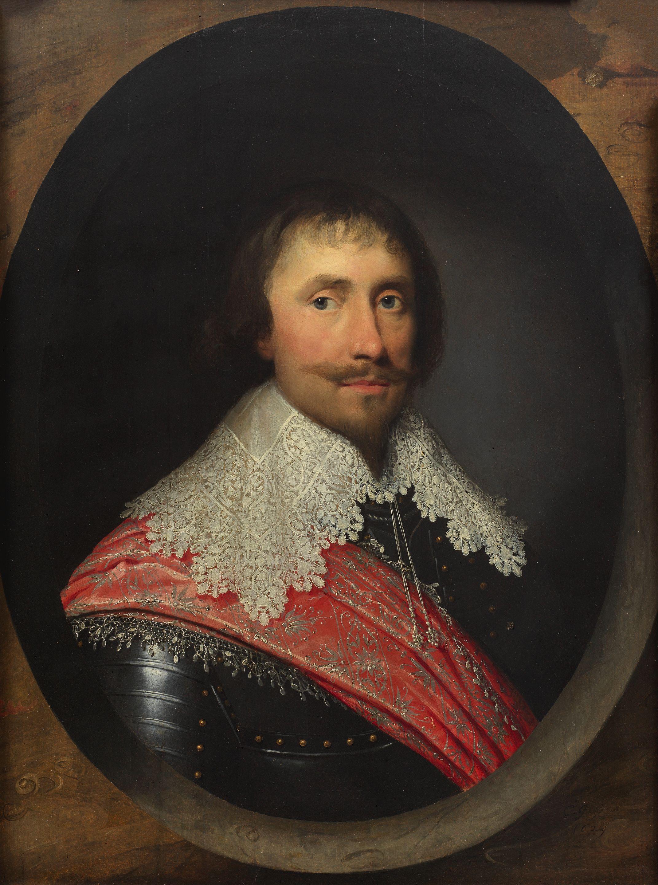 Cornelis Jonson van Ceulen - Portrait of Robert de Vere, 19th Earl of Oxford, bust-length, in armour with a lace collar and red sash, within a painted oval