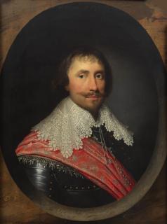 Cornelis Jonson van Ceulen - Portrait of Robert de Vere, 19th Earl of Oxford, bust-length, in armour with a lace collar and red sash, within a painted oval