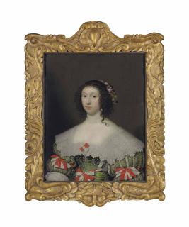 Cornelis Jonson - Portrait Of Elizabeth Campion (1614-1673), Half-Length, In A Green Embroidered Dress With A Lace Collar And Red And White Bows, Wearing Pearls And Flowers In Her Hair