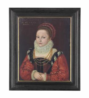 Cornelis Ketel - Portrait Of Elizabeth Smythe, Aged 7, Half-Length, In A Brown And Black Dress With Red Sleeves, A Ruff, A Red Headdress, And A Gold Chain