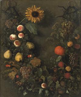 Cornelis Kick - A fruit garland with grapes, peaches, mandarins, cherries, pears and other fruit, with butterflies and a sunflower