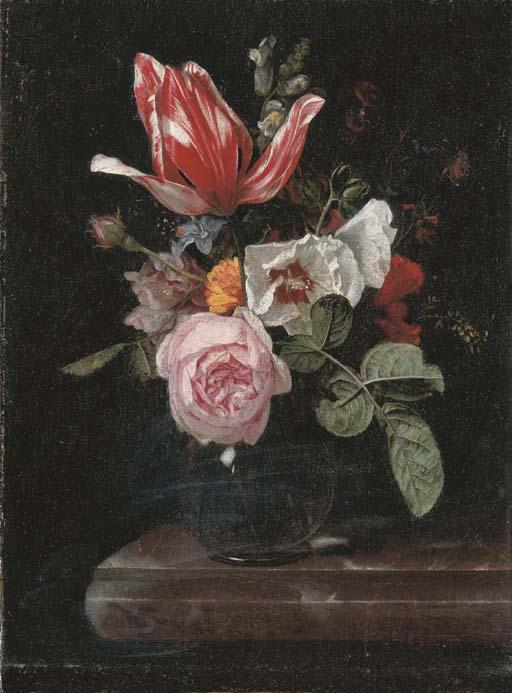 Cornelis Kick - Roses, peonies, a tulip and other flowers in a glass vase on a stone ledge