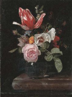 Cornelis Kick - Roses, peonies, a tulip and other flowers in a glass vase on a stone ledge