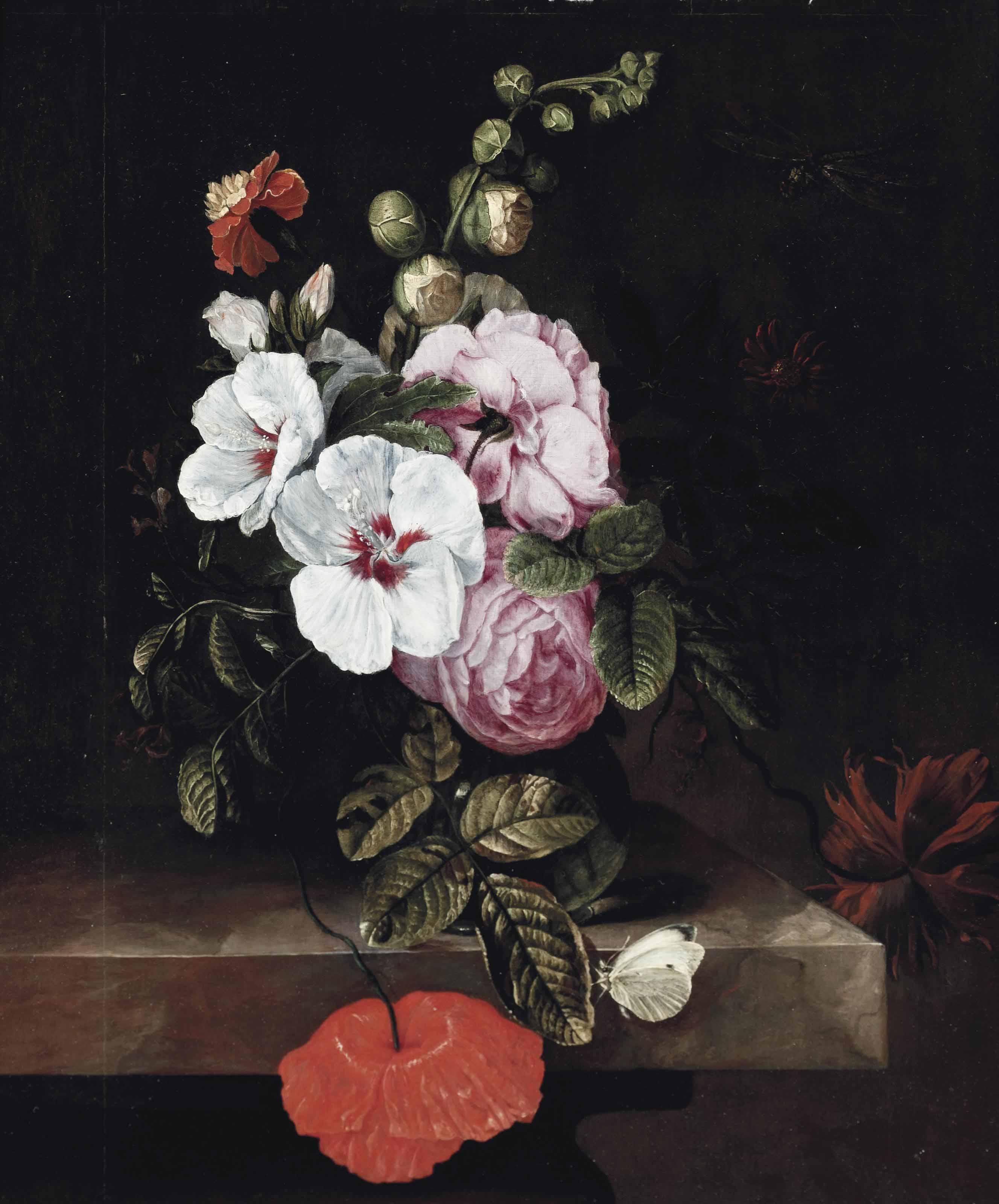 Cornelis Kick - Roses, Poppies, Hollyhocks, A Marigold And Other Flowers In A Glass Jug, With A Dragonfly And A Cabbage White Butterfly On A Stone Ledge