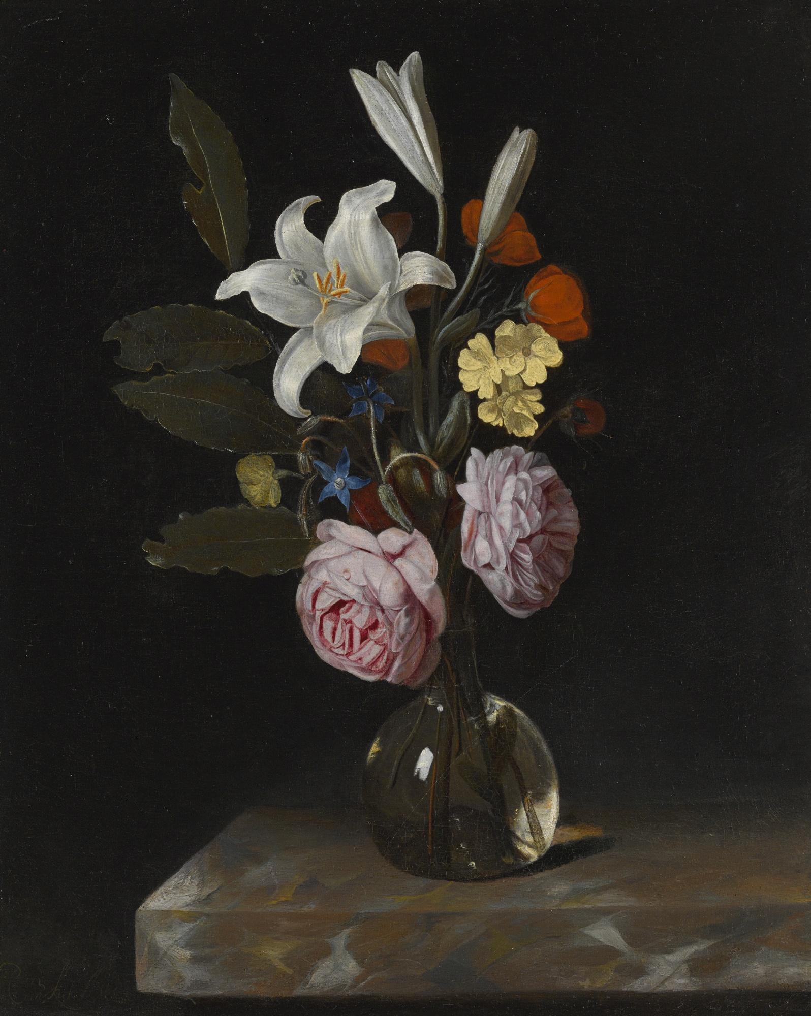 Cornelis Kick - Still Life Of Roses, Lilies And Other Flowers In A Glass Vase On A Marble Ledge
