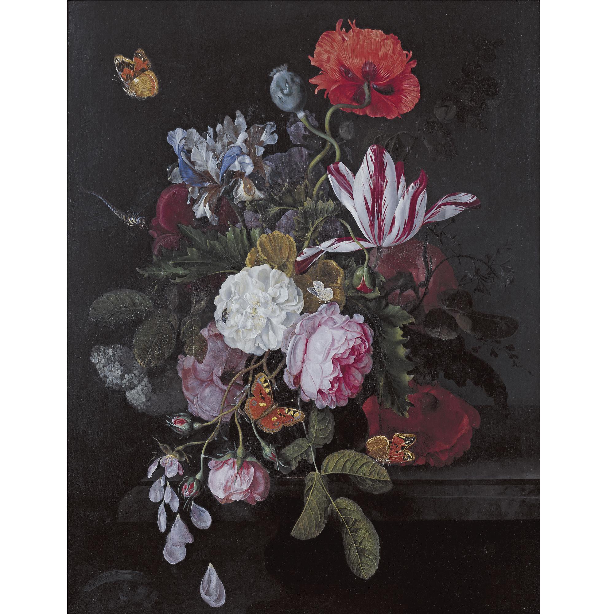 Cornelis Kick - Still Life With Peonies, Roses, Irises, Poppies And A Tulip With Butterflies, A Dragonfly And Other Insects On A Ledge