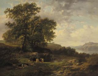 Cornelis Kimmel - A rhenish river landscape with a herdsman and cattle