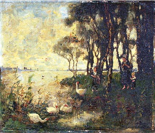 Cornelis Koppenol - Feeding the geese on the waterside