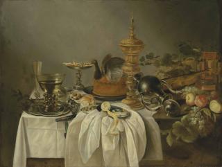 Cornelis Kruys - A Pewter Jug, A Game Pie, A Silver Tazza, Roemers And A Façon-De-Venise Flute On A Pewter Platter, With A Partly-Peeled Lemon, A Dish Of Olives, And Other Fruit, On A Partially Draped Table