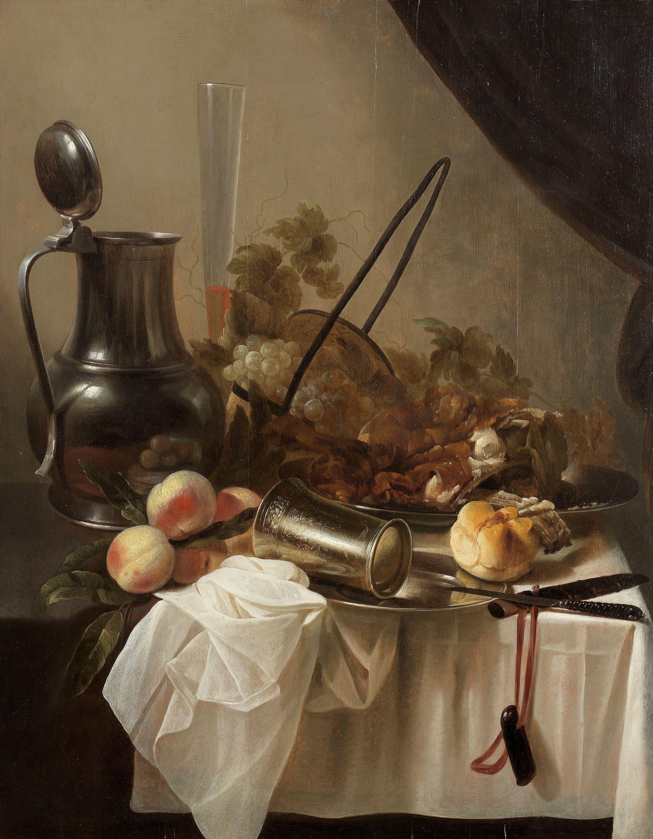Cornelis Kruys - A pewter jug with an overturned silver cup with fruit, bread and meat on a draped table-top