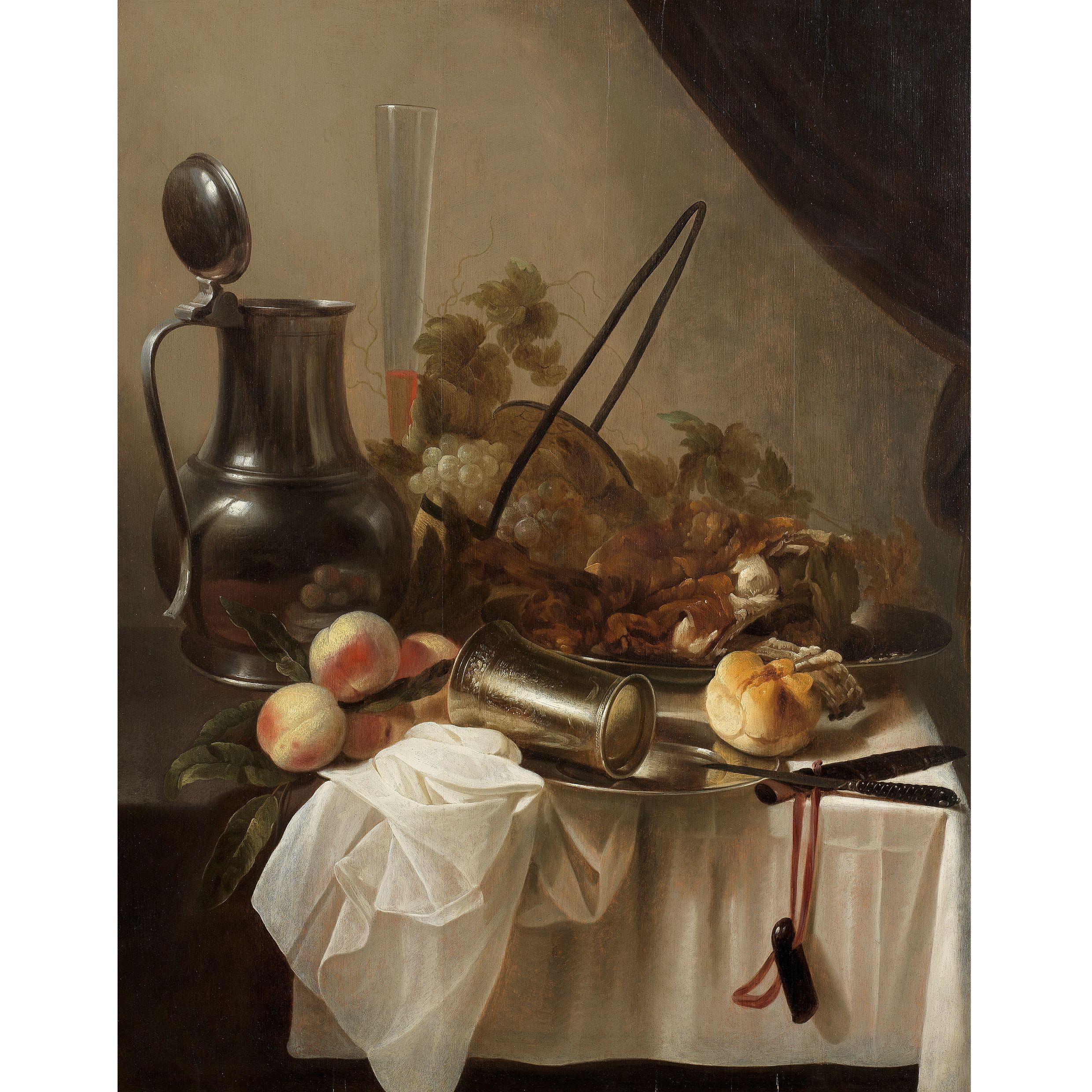Cornelis Kruys - A pewter jug with an overturned silver cup with fruit, bread and meat on a draped table-top