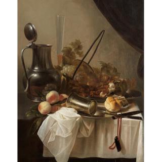 Cornelis Kruys - A pewter jug with an overturned silver cup with fruit, bread and meat on a draped table-top