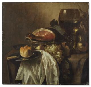Cornelis Kruys - A pewter platter with a knife and bread roll, a wicker basket with a joint of ham, grapes and a pear, a roemer of wine on a partly-draped table