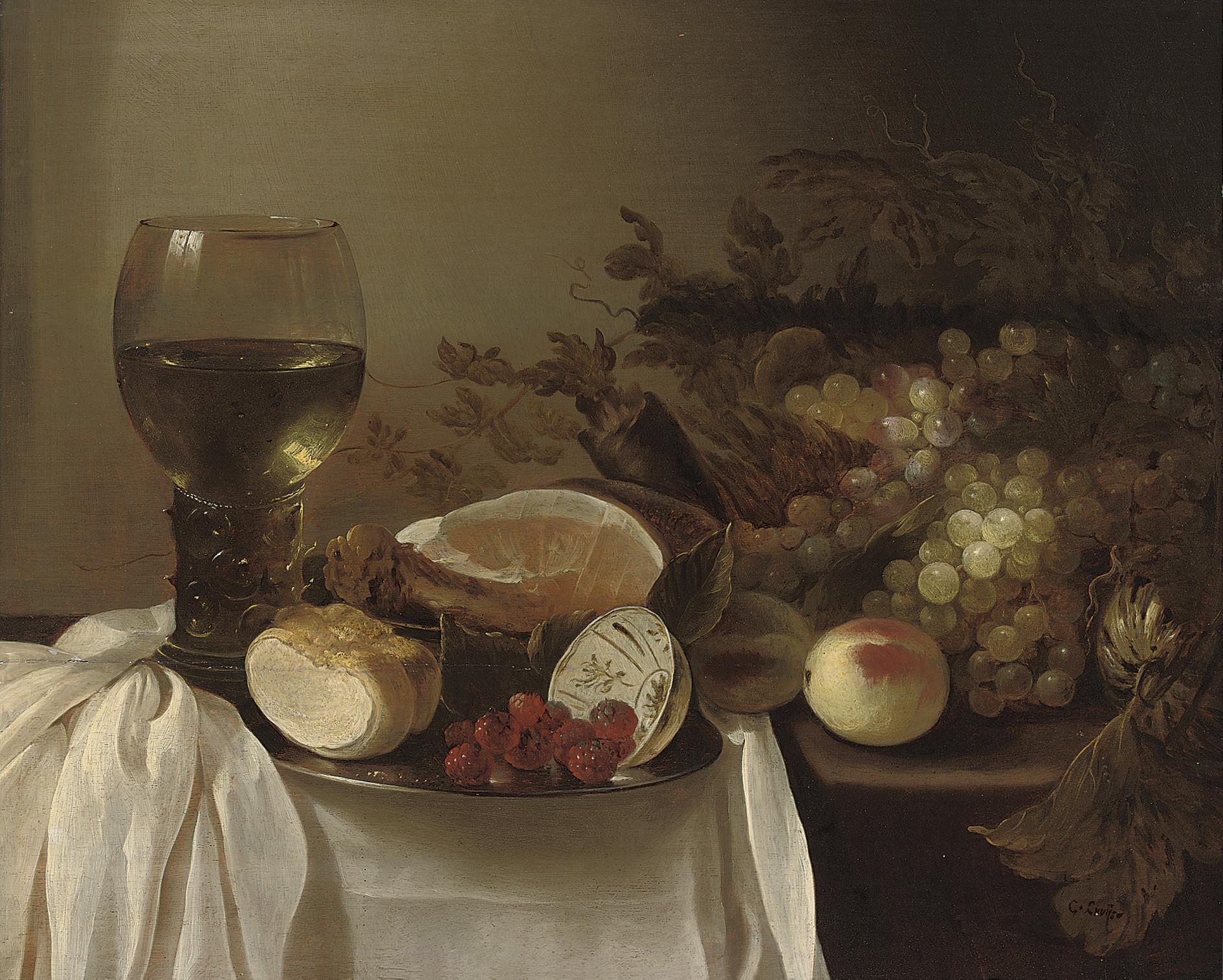 Cornelis Kruys - A Roemer of Wine, A Pewter Platter With A Bread Roll, A Bowl of Raspberries, A Joint of Ham, Peaches And Grapes On A Partly-Draped Table