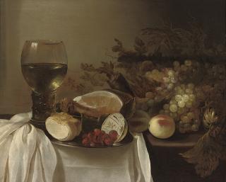 Cornelis Kruys - A Roemer of Wine, A Pewter Platter With A Bread Roll, A Bowl of Raspberries, A Joint of Ham, Peaches And Grapes On A Partly-Draped Table