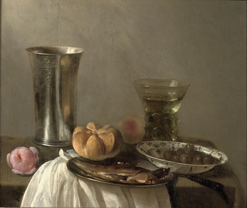 Cornelis Kruys - A silver beaker, a herring on a pewter plate, a \'wan-li\' bowl with olives and a \'Roemer\', all on a partially draped table