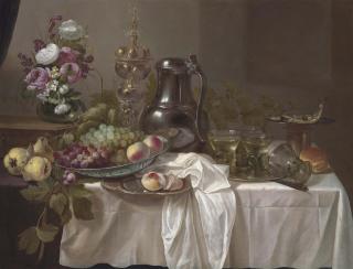 Cornelis Kruys - Grapes and peaches in a Wan-Li porcelain bowl, roemers on a pewter platter, peonies, roses and other flowers in a vase on a wooden box, with pears, a jug, a silver gilt cup, bread, fish and a knife on a partially draped table