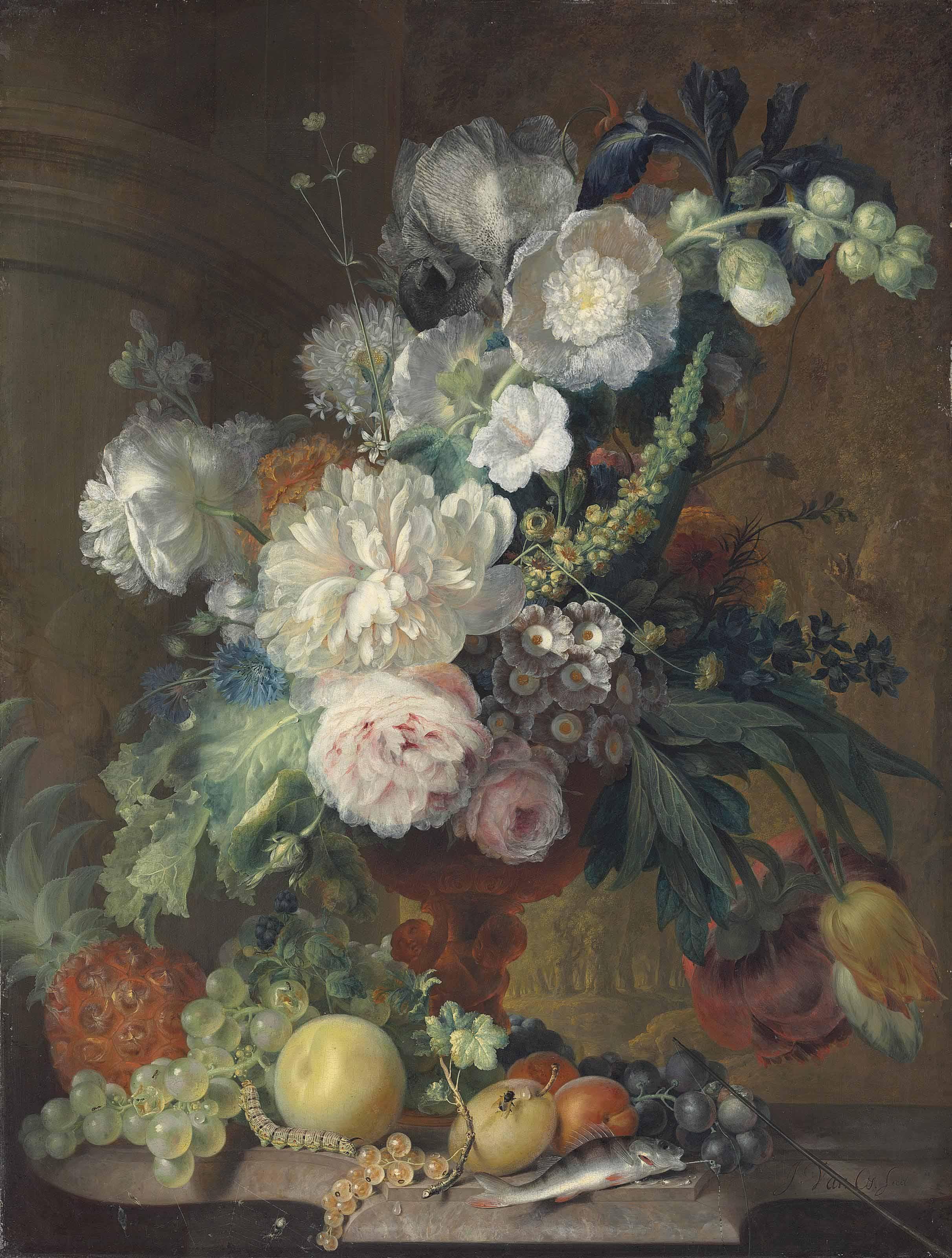 Cornelis Kuipers - Roses, Peonies, Cineria, Tulips, A Great Mullein And Other Flowers In A Sculpted Vase, A Pineapple, Grapes, Peaches And Other Fruit On A Marble Ledge, With A Perch On A Fishing Rod, A Caterpillar, A Fly, A Spider And Ants