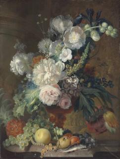 Cornelis Kuipers - Roses, Peonies, Cineria, Tulips, A Great Mullein And Other Flowers In A Sculpted Vase, A Pineapple, Grapes, Peaches And Other Fruit On A Marble Ledge, With A Perch On A Fishing Rod, A Caterpillar, A Fly, A Spider And Ants