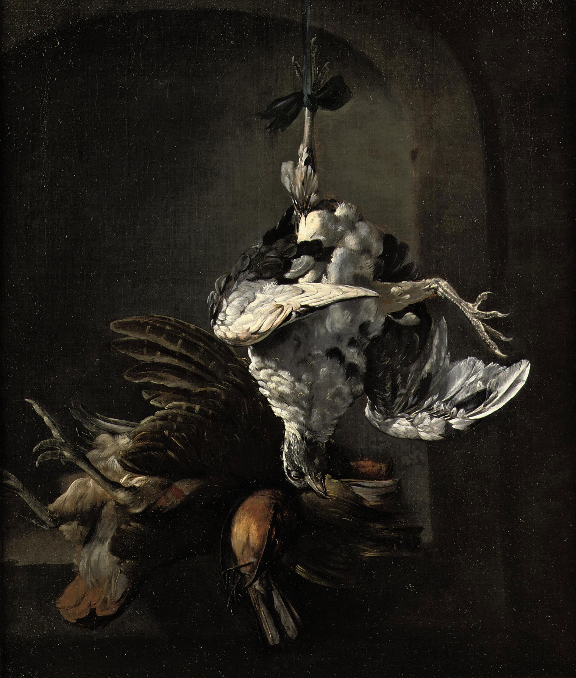 Cornelis Lelienbergh - A pigeon hanging from a blue ribbon with other birds in a trompe-l\'oeil stone niche