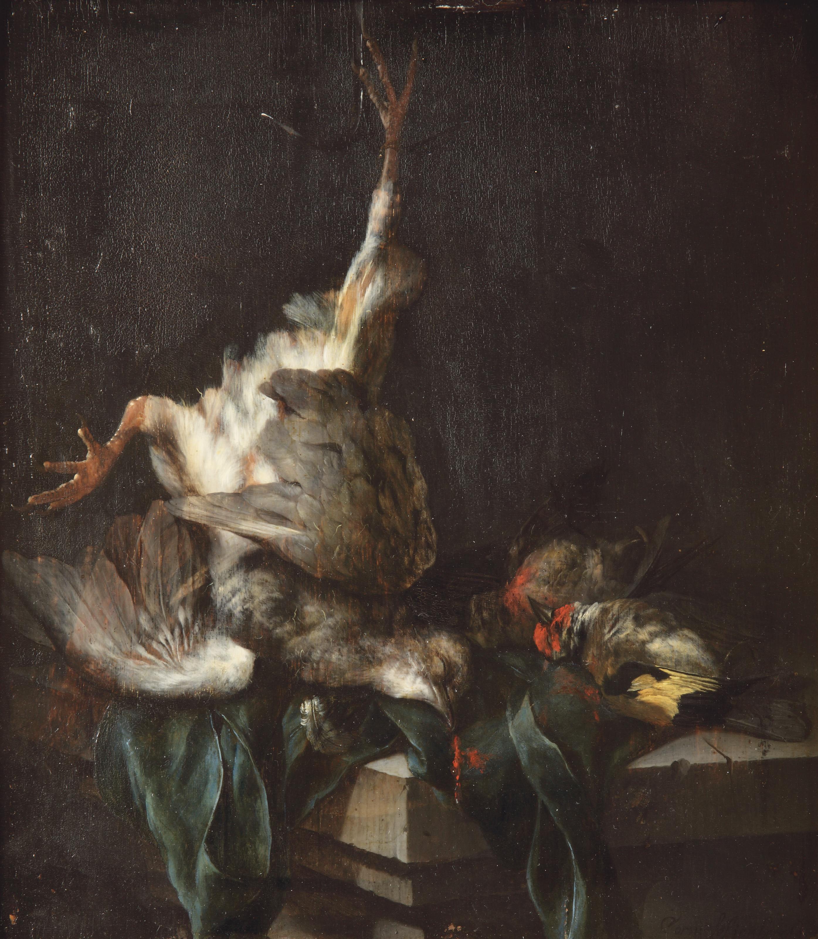 Cornelis Lelienbergh - A pigeon hanging, with two goldfinches and a green cloth on a stone ledge