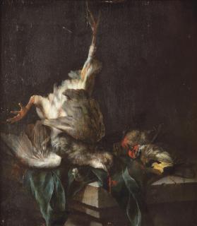 Cornelis Lelienbergh - A pigeon hanging, with two goldfinches and a green cloth on a stone ledge