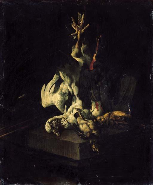 Cornelis Lelienbergh - Dead birds hanging from a rope with a shotgun, above a stone ledge