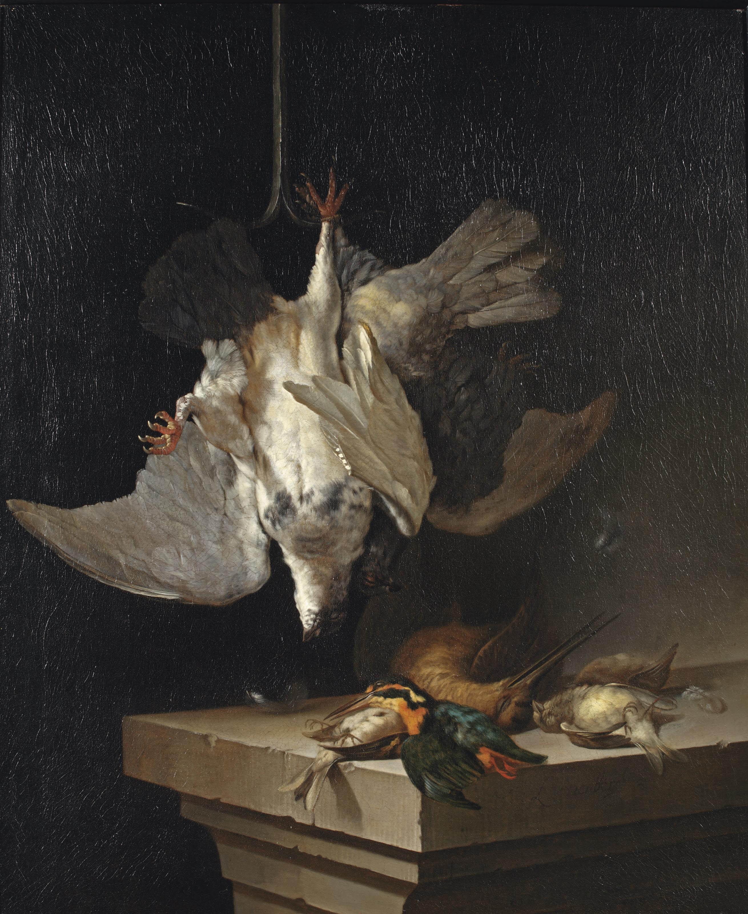 Cornelis Lelienbergh - Two partridges hanging, with a kingfisher, woodcock and other birds on a stone ledge