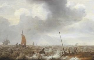 Cornelis Leonardsz. Stooter - Shipping in choppy seas with fishermen on the shore in the right foreground, a town beyond