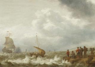 Cornelis Leonardsz. Stooter - Shipping off the coast in a stiff breeze, figures on the shoreline in the foreground