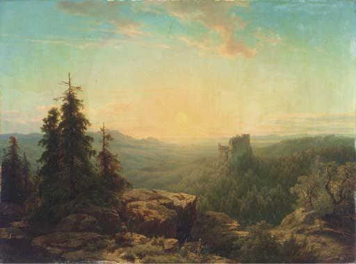 Cornelis Lieste - A panoramic view of a valley with a ruin at sunset