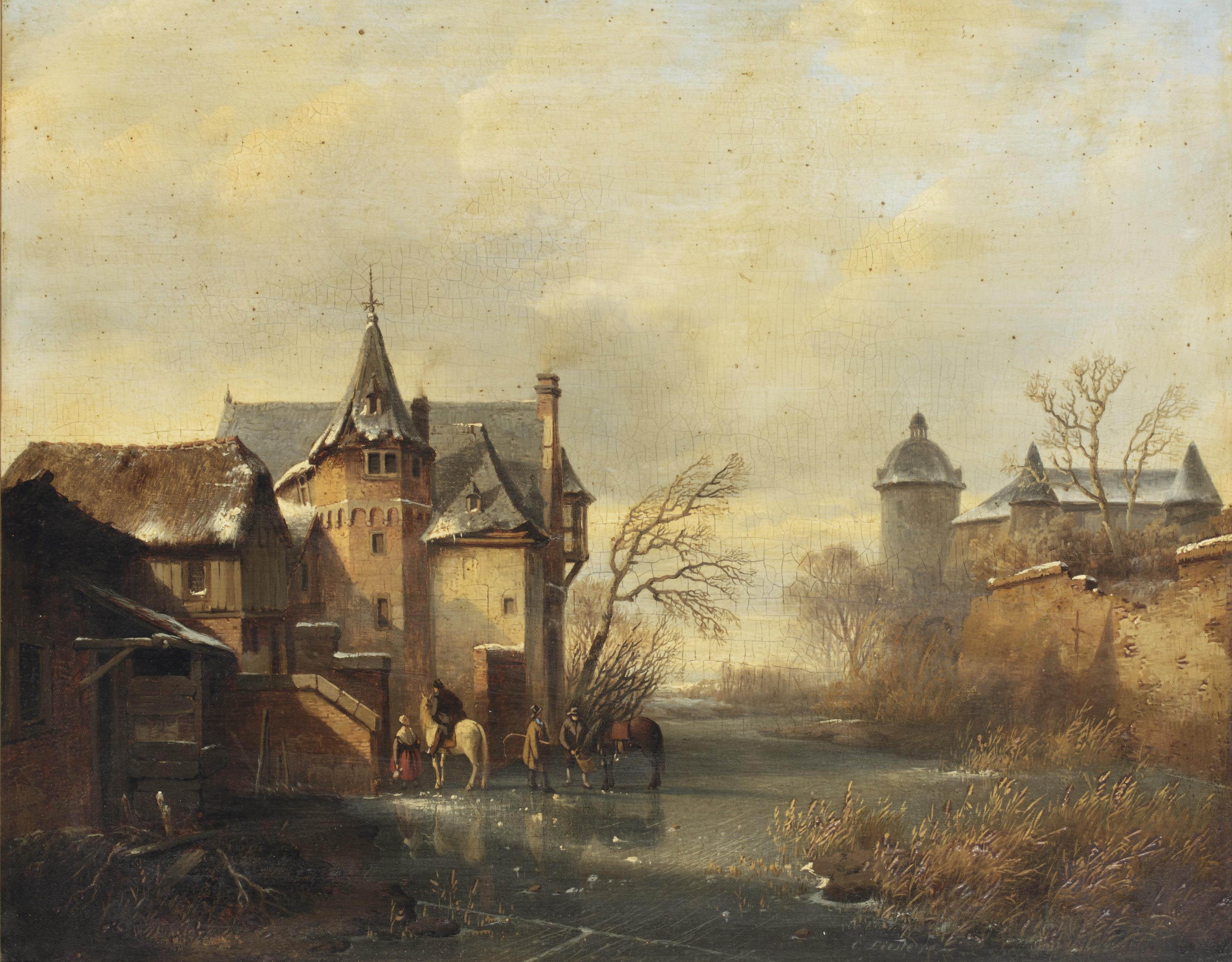 Cornelis Lieste - A winter landscape with horses and figures on the ice near a castle