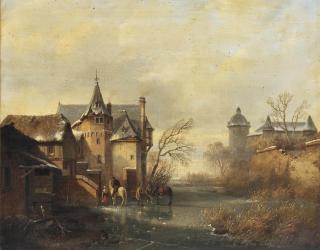 Cornelis Lieste - A winter landscape with horses and figures on the ice near a castle