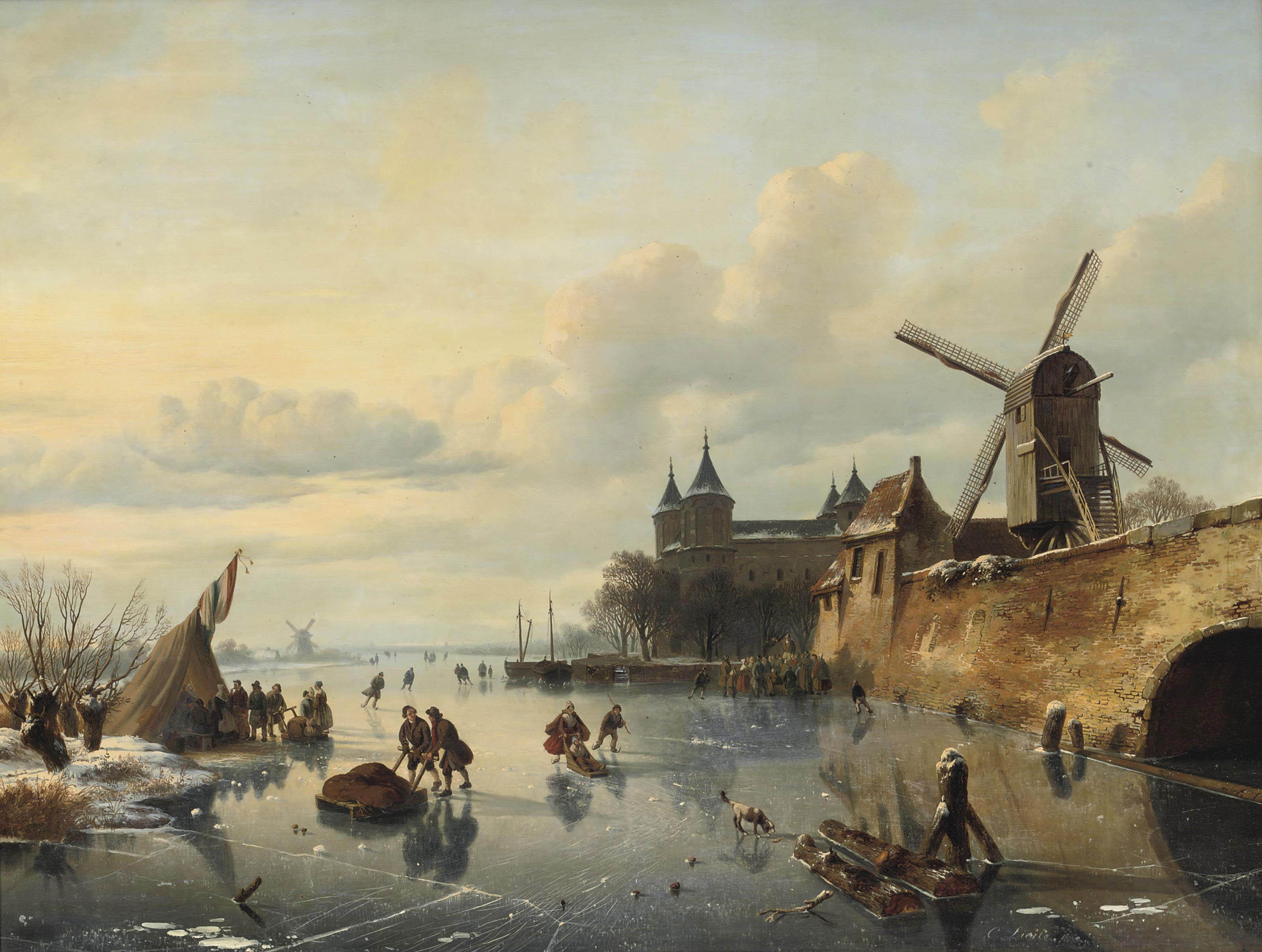 Cornelis Lieste - A winter landscape with skaters near a Dutch town