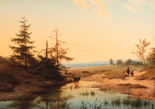 Cornelis Lieste - Cattle watering in an extensive landscape
