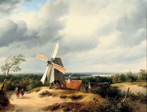 Cornelis Lieste - Travellers passing a mill in an extensive river landscape