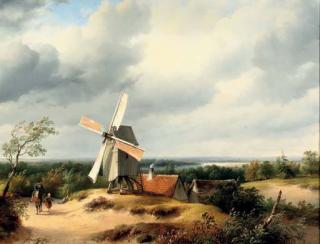 Cornelis Lieste - Travellers passing a mill in an extensive river landscape