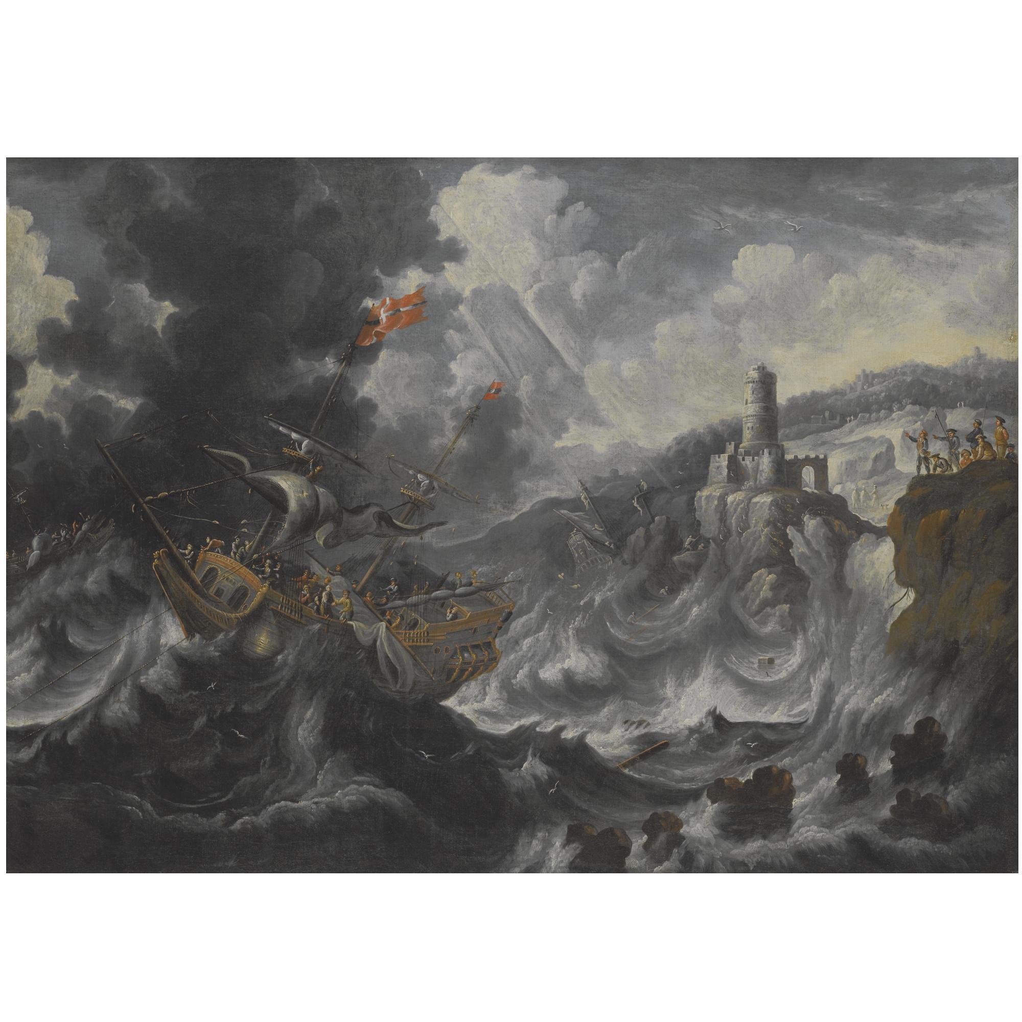 Cornelis Mahu - A Coastal Landscape With Shipping Caught In Tempestuous Seas