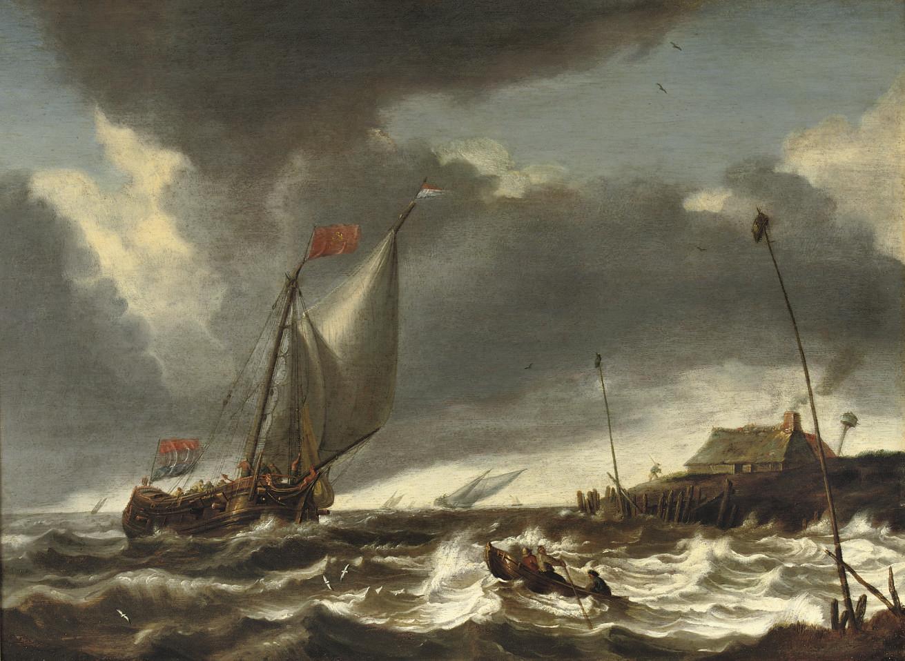 Cornelis Mahu - Shipping in stormy waters near a coast
