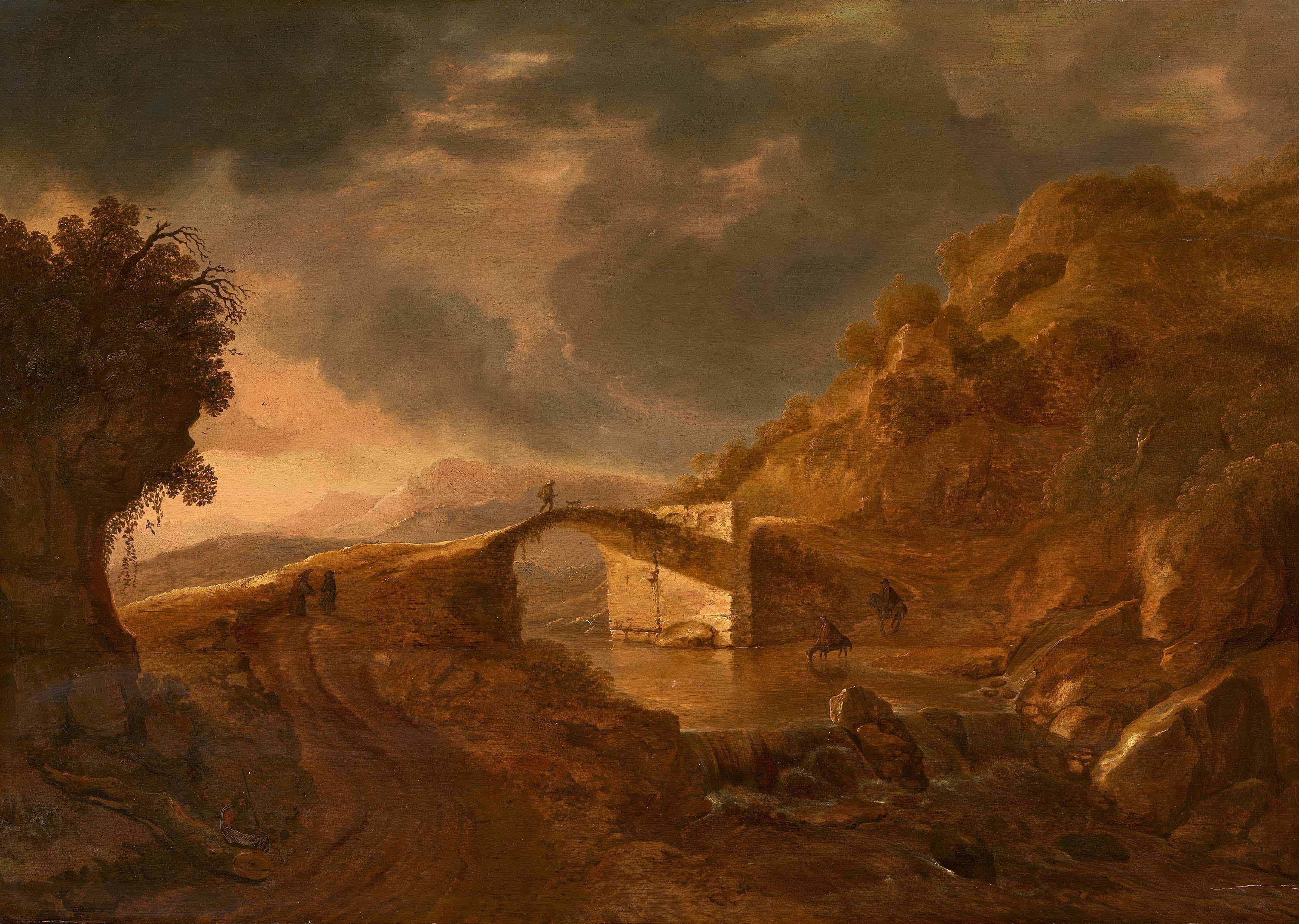 Cornelis Matthieu - Flusslandschaft mit Reisenden auf einer Brücke.