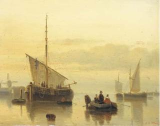 Cornelis Petrus \'t Hoen - A calm: shipping in an estuary at dusk
