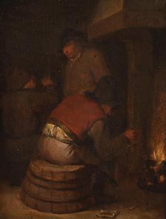 Cornelis Pietersz. Bega - An interior with a peasant seated on a stool; and Peasants warming themselves before a fire (2)