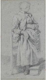 Cornelis Pietersz. Bega - Une femme debout appuyée sur une chaise, tournée vers la droite